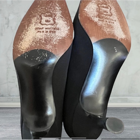 Stuart Weitzman Heels Pumps Vintage Black Fabric Square Toe Spool Heel - Picture 4 of 7